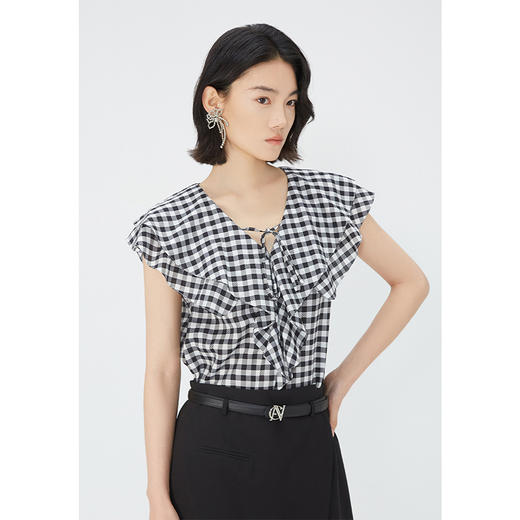 NEELLY纳俪商场同款夏新款V领荷叶边无袖衬衫女通勤经典时尚上衣N25054R04621 商品图2