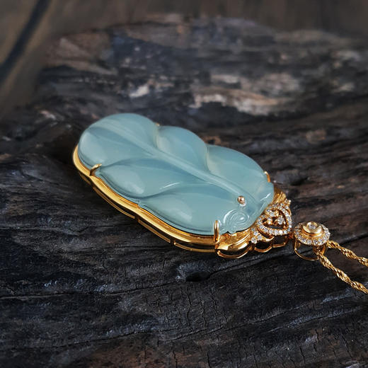 【天然正品】AU750黄金镶钻镶天然无纹裂冰种叶子（金枝玉叶）翡翠吊坠项链190425AH26 现售价：4880 商品图5