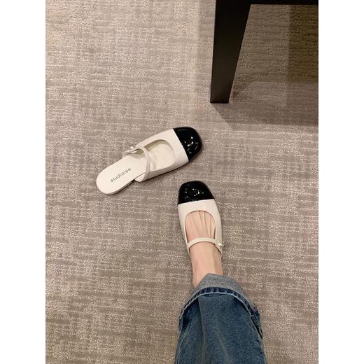 法式方圆头珍珠一字带包头半拖女百搭拼接浅口玛丽珍半托 商品图2