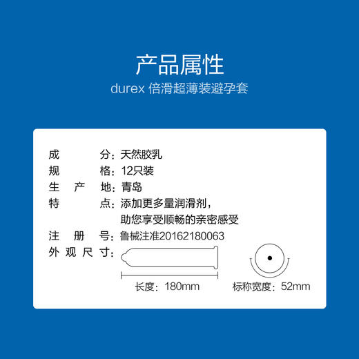 杜蕾斯（durex）倍滑超薄避孕套12只 润滑套套 隐feel男女用安全套中号套计生用品 倍滑超薄 商品图3