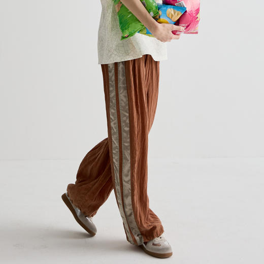 谜底休闲裤女2025夏新品复古撞色拼接大廓形阔腿裤长裤252MK0585 商品图1