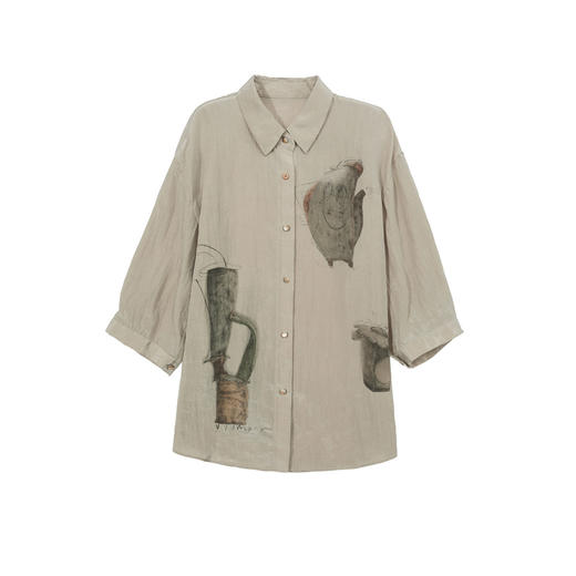 谜底衬衫分袖女2025夏季新品复古风通勤宽松H型中长衬衣252MC0682 商品图4