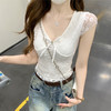 西遇蕾丝拼接短袖t恤女夏季新款假两件v领修身短款上衣SS050637 商品缩略图1