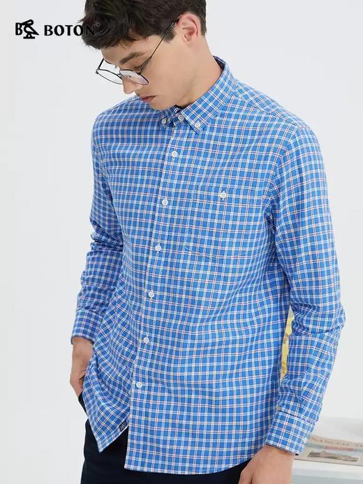 波顿男士春秋季清爽彩蓝格纹合身纯棉长袖衬衣MS030124 商品图1