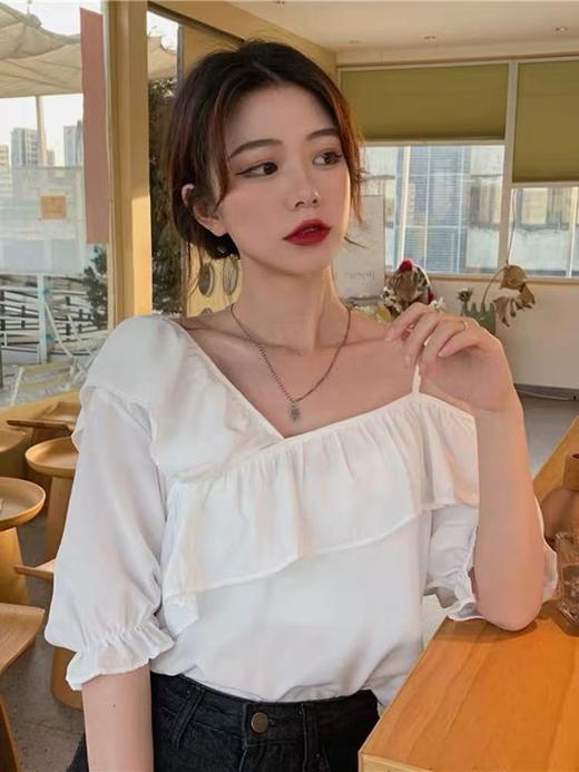 9.3秒杀~ 设计师品牌-5812荷叶边夏季法式露肩锁骨v领上衣-喜出 商品图4