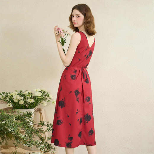 【娇艳玫瑰】复古优雅V领无袖连衣裙女夏季收腰伞摆长裙D0051040 商品图4