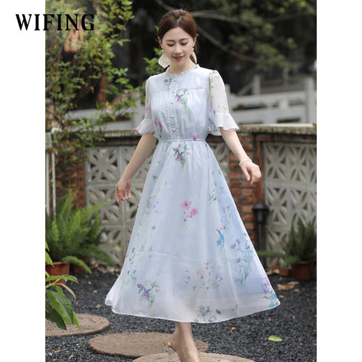 未风蓝色雪纺碎花连衣裙女夏2025年夏季新款女装气质法式收腰裙子 商品图1