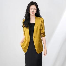 【高货wl】全新升级【铂金会员330/天猫439/差价109】(01100) 洛诗琳新款轻奢提花人丝抽褶袖外套女宽松V领蕾丝西装上衣