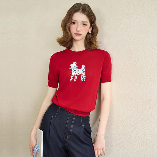 【限时秒杀】甜美可爱小狗图案短款针织衫女夏季简约百搭短袖上衣V0051035 商品图0