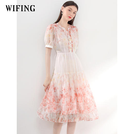 未风红色雪纺碎花连衣裙女夏2025夏季新款气质法式泡泡袖显瘦裙子 商品图1