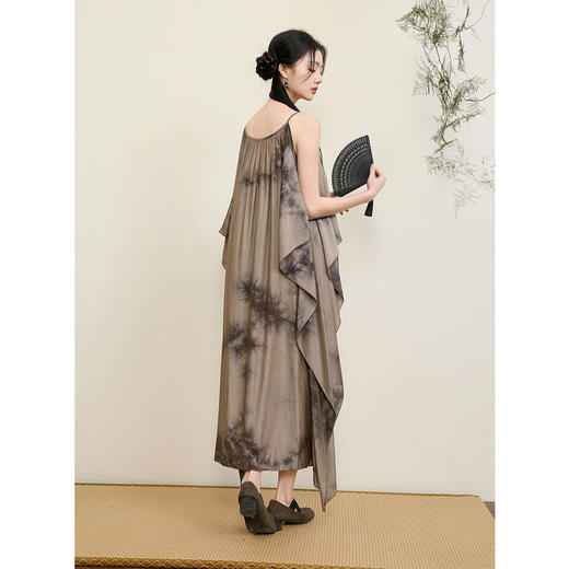 三彩【墨影浮光】2025夏季新款新中式扎染印花不规则连衣裙C 商品图3