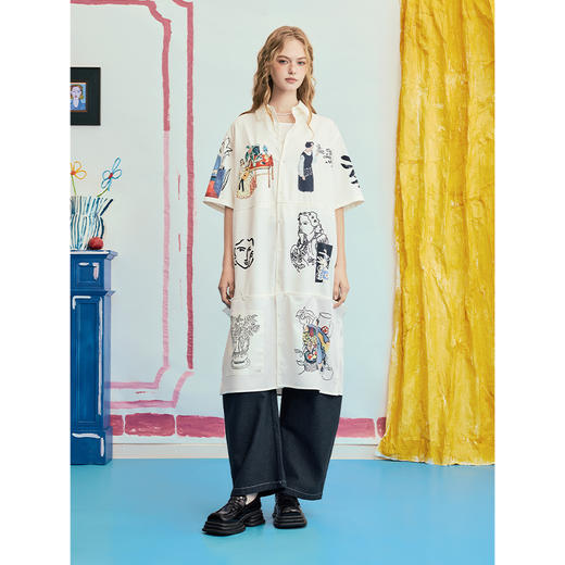 两三事 安妮心事 2025夏季新款时尚可拆下摆涂鸦印花衬衫女中长款 商品图3