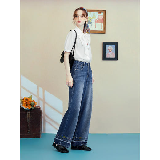 两三事 伯德小姐 2025夏季新款复古绣花绑带雪纺衫女宽松上衣 商品图3