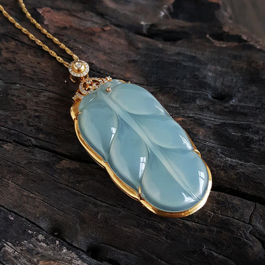 【天然正品】AU750黄金镶钻镶天然无纹裂冰种叶子（金枝玉叶）翡翠吊坠项链190425AH26 现售价：4880 商品图3