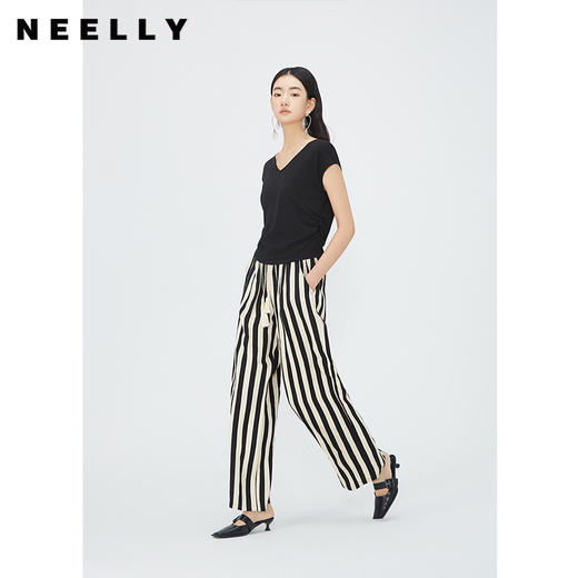 NEELLY纳俪商场同款夏季新款黑白竖条纹休闲裤女高腰显瘦直筒长裤N25054H04645 商品图0