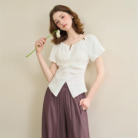 【限时秒杀】法式休闲珠串短袖衬衫女夏季下摆开叉气质显瘦短款上衣V0850569