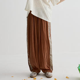 谜底休闲裤女2025夏新品复古撞色拼接大廓形阔腿裤长裤252MK0585