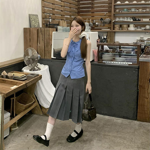 西遇蓝色无袖衬衣女夏季新款系带蝴蝶结薄款圆领衬衫上衣SS050615 商品图1