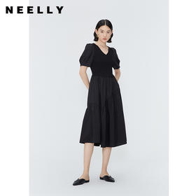 NEELLY纳俪商场同款夏季新款针织拼接短袖连衣裙女V领优雅长裙N25054Y04656