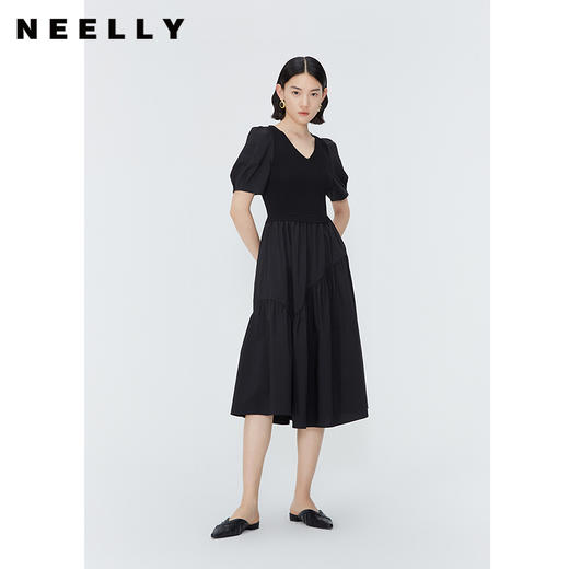 NEELLY纳俪商场同款夏季新款针织拼接短袖连衣裙女V领优雅长裙N25054Y04656 商品图0