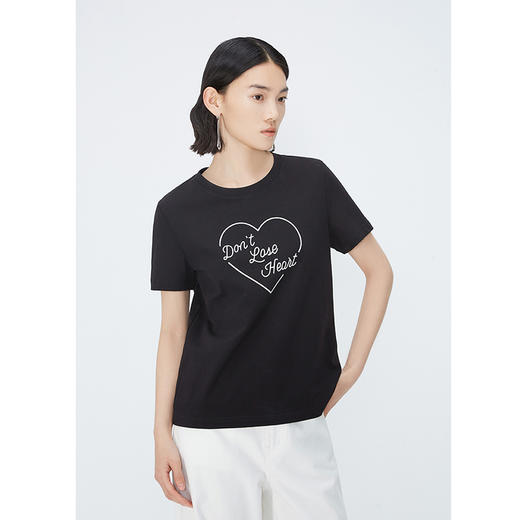 NEELLY纳俪商场同款夏季新款纯棉T恤女简约爱心印花宽松通勤上衣N25054T04651 商品图1