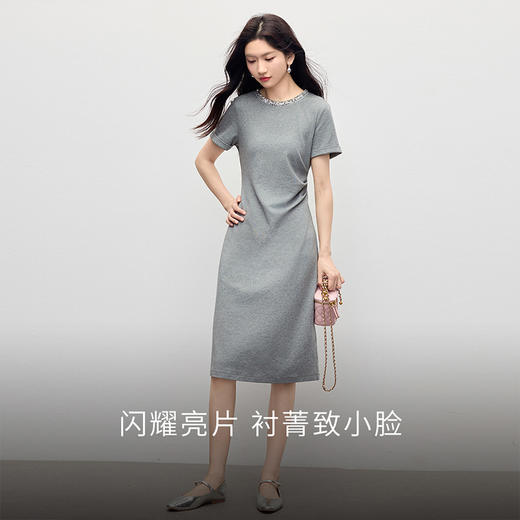 【专属特价】熙世界灰色通勤闪片圆领连衣裙女夏季新款简约休闲收腰T恤长裙子 商品图2