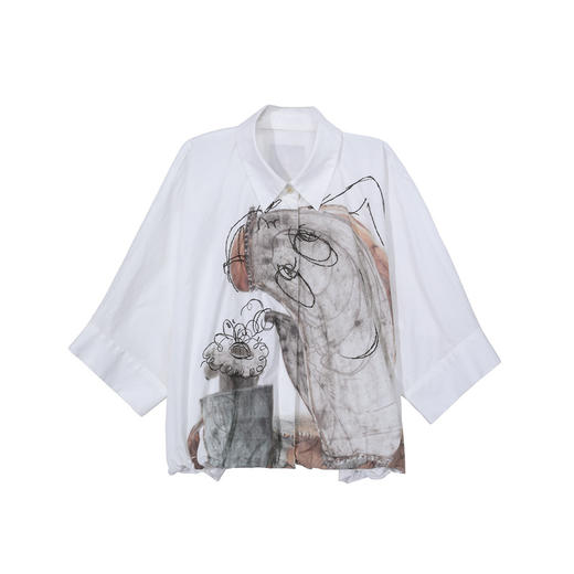 谜底衬衫分袖女2025夏季新品复古风通勤大廓形T型短衬衣252MC0530 商品图4