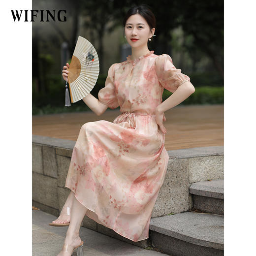 未风雪纺泡泡袖连衣裙女夏2025年夏季新款女装新中式收腰显瘦裙子 商品图3