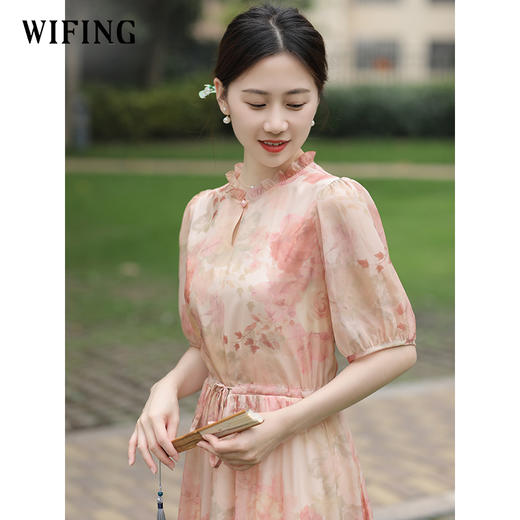 未风雪纺泡泡袖连衣裙女夏2025年夏季新款女装新中式收腰显瘦裙子 商品图1