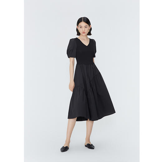 NEELLY纳俪商场同款夏季新款针织拼接短袖连衣裙女V领优雅长裙N25054Y04656 商品图3