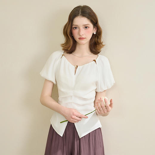 【限时秒杀】法式休闲珠串短袖衬衫女夏季下摆开叉气质显瘦短款上衣V0850569 商品图2