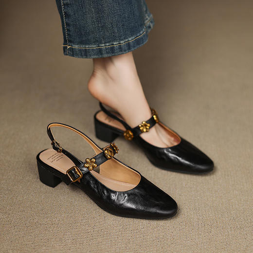 【预售5天】真皮复古包头凉鞋女粗跟一字带玛丽珍鞋圆头中跟后空单鞋NGMZR&72-79 商品图2