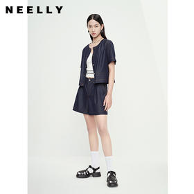 NEELLY纳俪商场同款夏新款短袖圆领牛仔上衣套装女宽松短裤两件套N25054Z04664