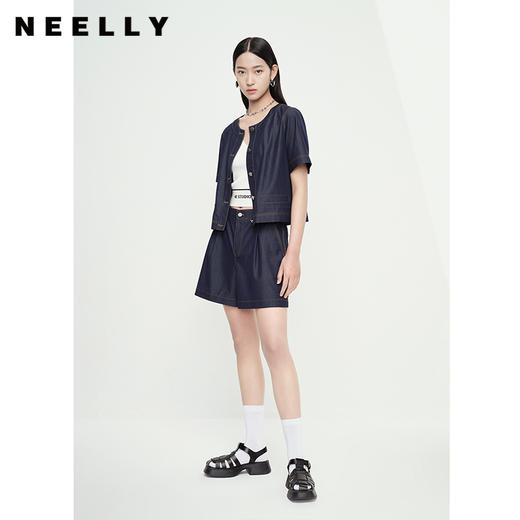 NEELLY纳俪商场同款夏新款短袖圆领牛仔上衣套装女宽松短裤两件套N25054Z04664 商品图0