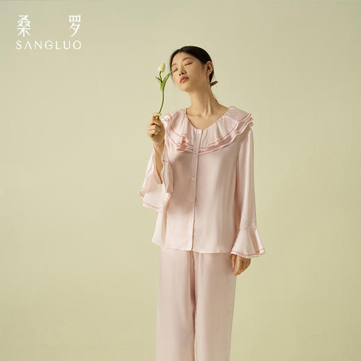 复古中式』桑罗100%桑蚕丝荷叶边领长款简约套装女春夏2025年新款 商品图2