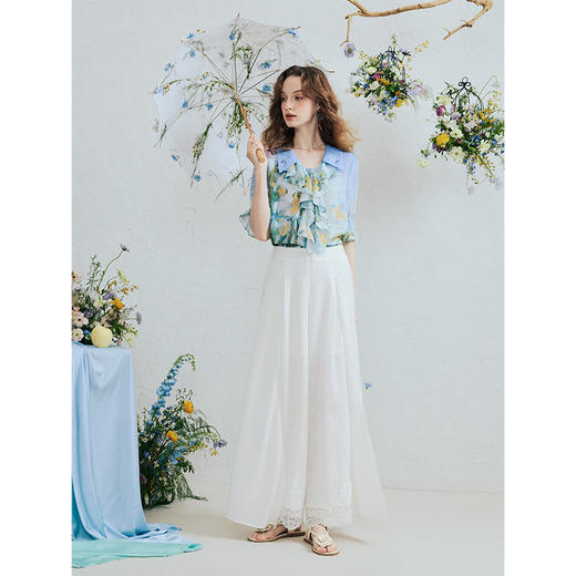 两三事绡羽流光2025夏季新款复古蕾丝拼接高腰阔腿裤女宽松休闲裤 商品图3