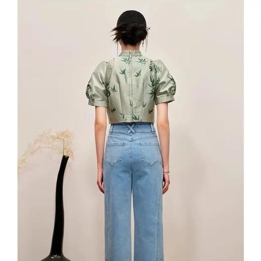 MAXRIENY新中式竹叶提花上衣截短薄荷漫波衬衫 商品图3