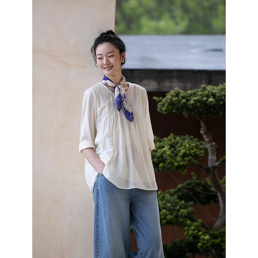 牧衣游原创 80支全棉套头衫新品轻薄通透斜襟白色百搭上衣 江南桂 商品图1