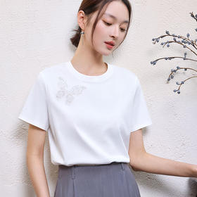 玳莎蝴蝶刺绣白色T恤女2025年夏季新款显瘦百搭圆领绣花短袖上衣  FB32104