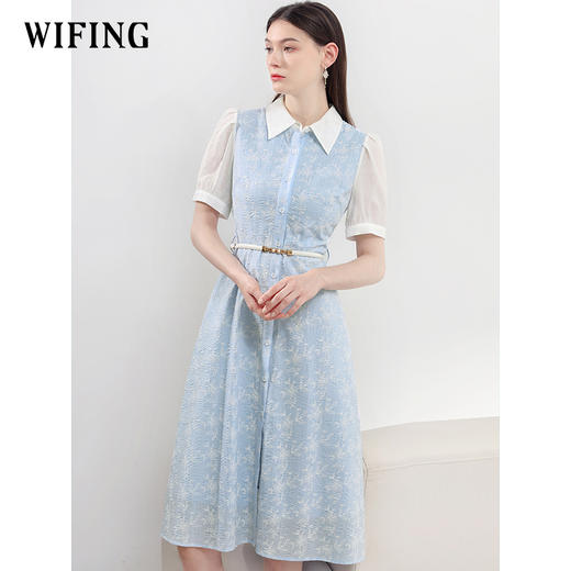 未风蓝色衬衫领连衣裙女夏2025夏季新款气质假两件泡泡袖收腰裙子 商品图2