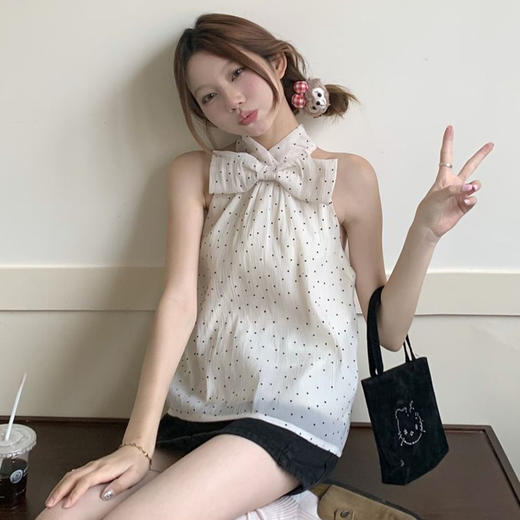 西遇波点挂脖衬衫女夏季新款法式蝴蝶结薄款无袖衬衣上衣SS050617 商品图3
