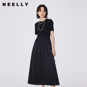 NEELLY纳俪商场同款夏新款黑色显瘦短袖针织拼接连衣裙女收腰长裙N25054Y04598