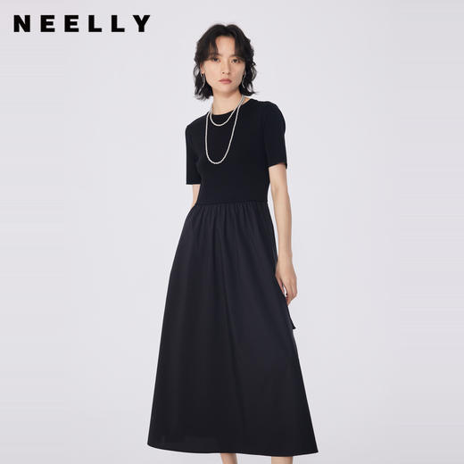 NEELLY纳俪商场同款夏新款黑色显瘦短袖针织拼接连衣裙女收腰长裙N25054Y04598 商品图0