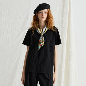 谜底T恤短袖女2025夏新品休闲日常激光镂空宽松弹力上衣252MT0637