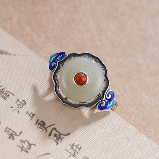 子佩集S925银【祥云相望】戒指【JZ01261】纯银和田玉珐琅彩平安扣2504 商品图2