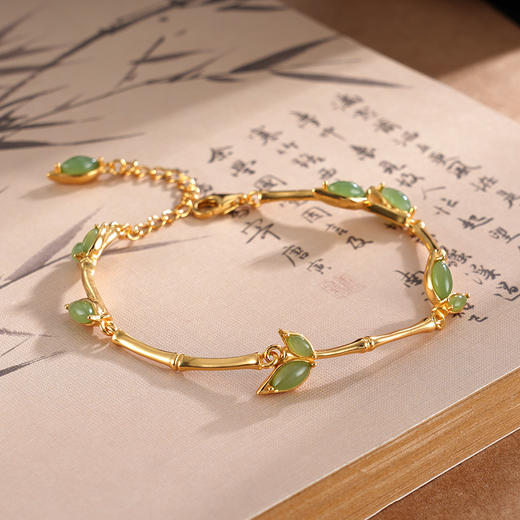 子佩集S925银【竹韵拾光】手链【WSE2312】纯银和田碧玉镀金竹叶2504 商品图2