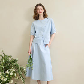 新中式清新优雅套装女夏季设计感斜襟衬衫搭半裙两件套V1050579