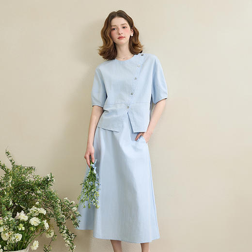 新中式清新优雅套装女夏季设计感斜襟衬衫搭半裙两件套V1050579 商品图0