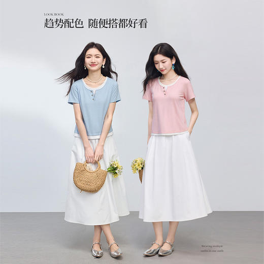 【专属特价】熙世界凉感假两件短袖t恤女2025夏新款女装设计感休闲正肩棉上衣 商品图2