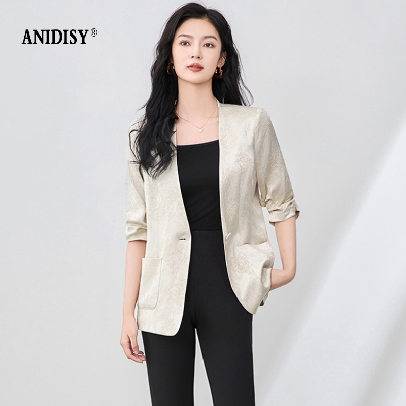 时尚提花人丝抽褶五分袖V领蕾丝西装外套